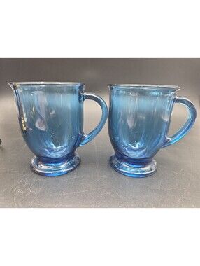 Vintage Anchor Hocking Cafe Cobalt Blue 16 oz Glass Mugs Set of 2